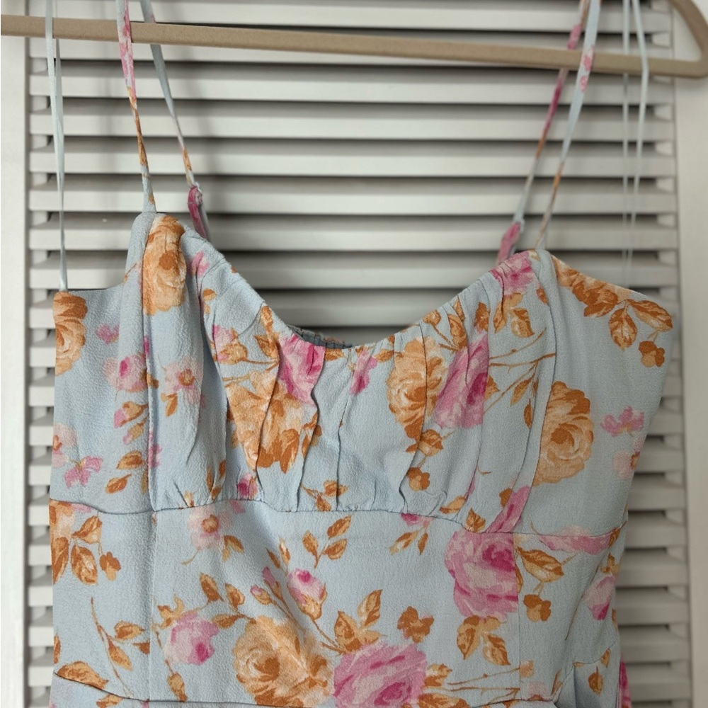 Wayf Blue Dress with Pink and Orange Floral Design